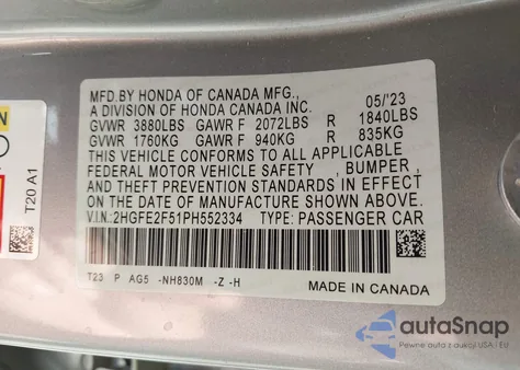 2023 Honda Civic Sport из США, поврежденный, VIN 2HGFE2F51PH552334